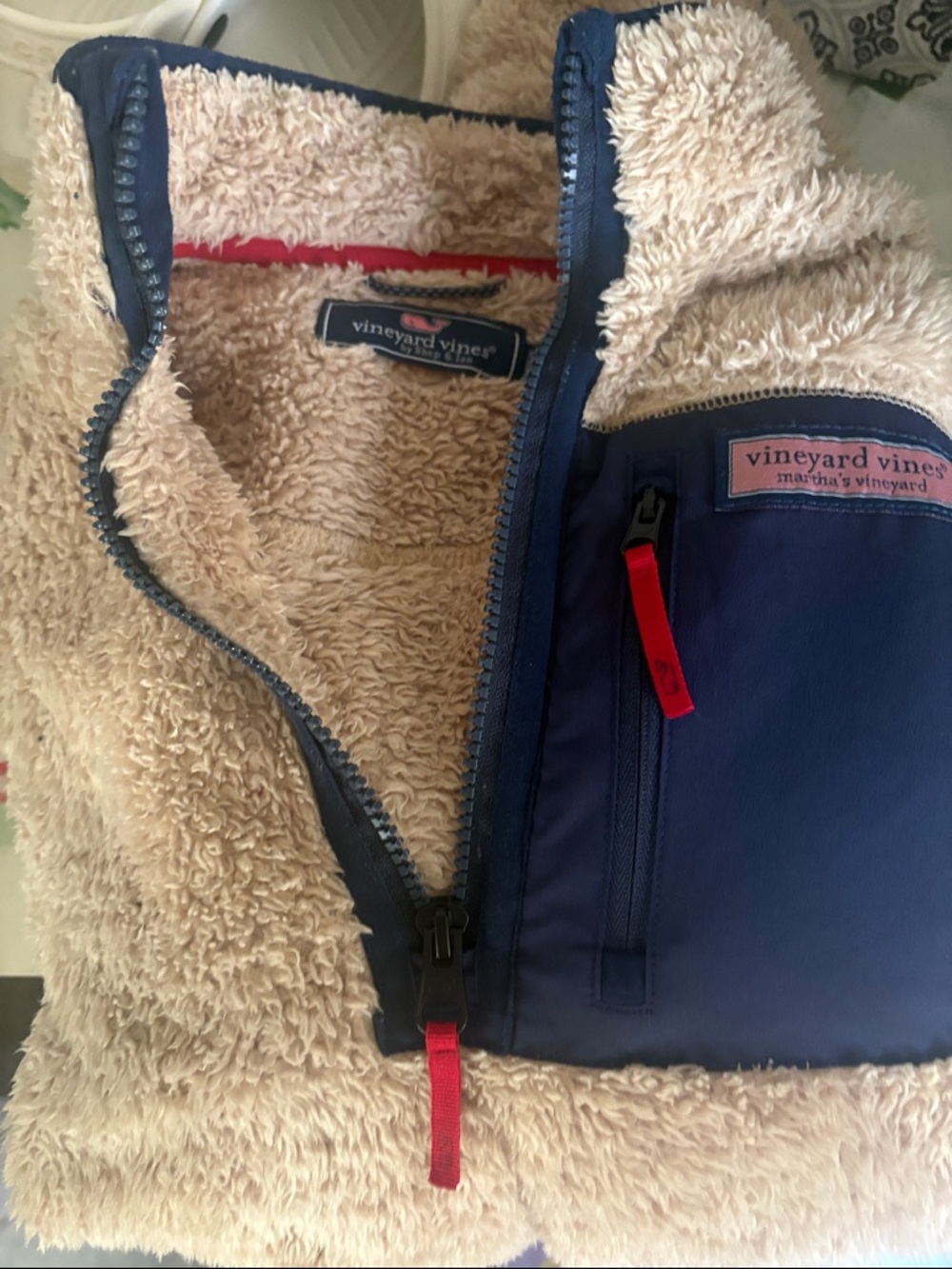 Vineyard Vines Plush Quarter-Zip Pullover in Beige YTH18 Navy Chest Panel zipper
